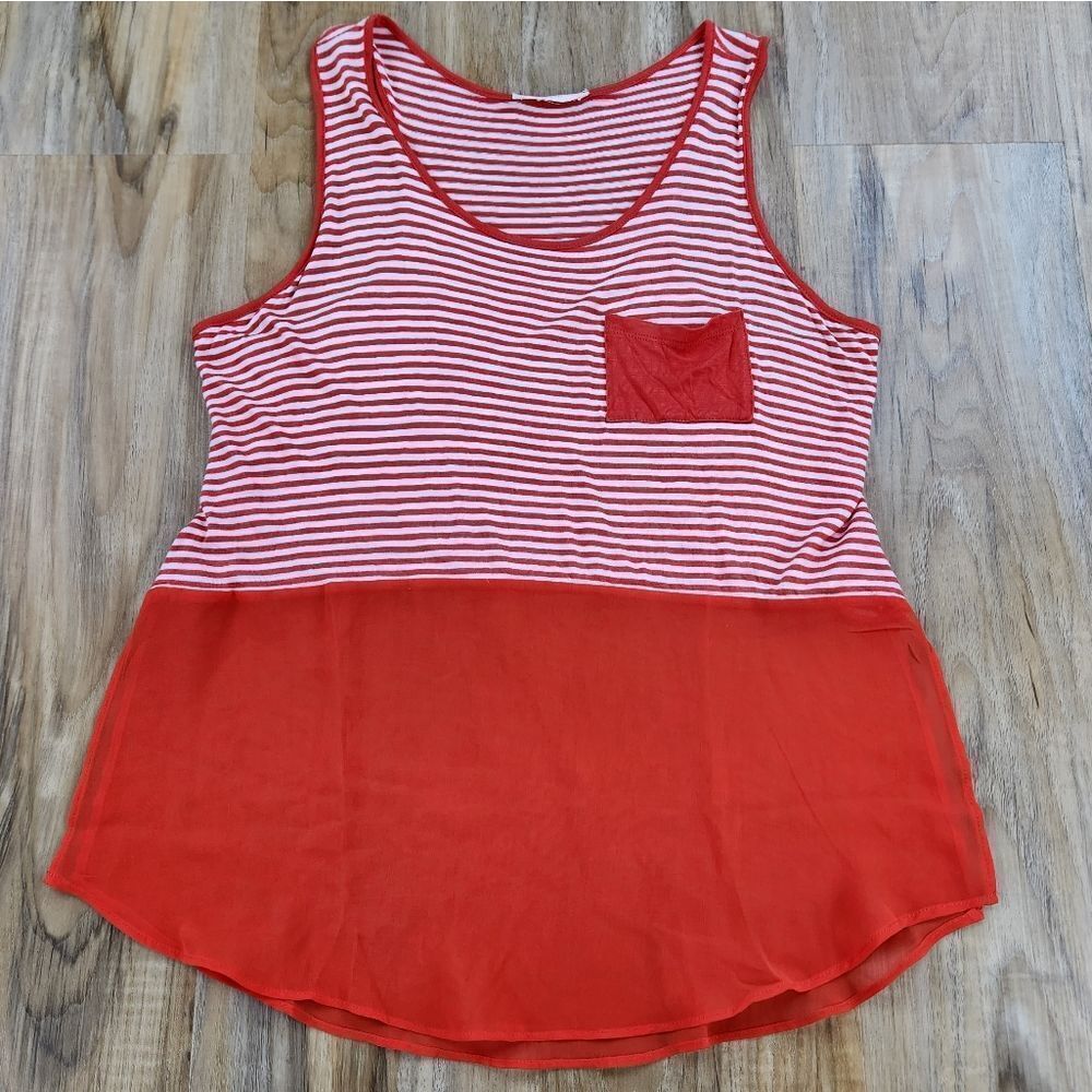 🍑E&M Red & White Striped Rayon Sleeveless Top Large